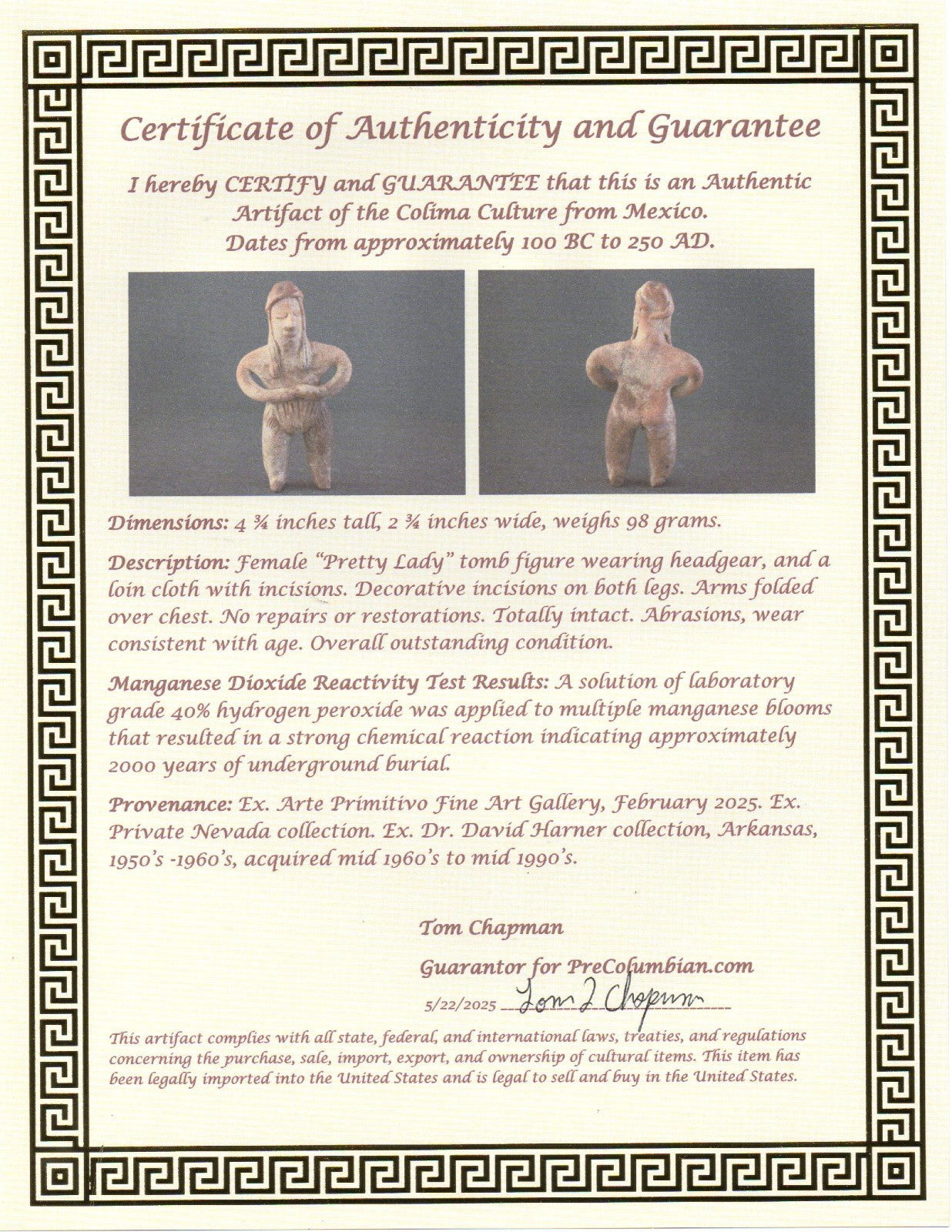 Pre Columbian Artifact Authentic Pretty Lady Tomb Figure Colima Mexico COA 197