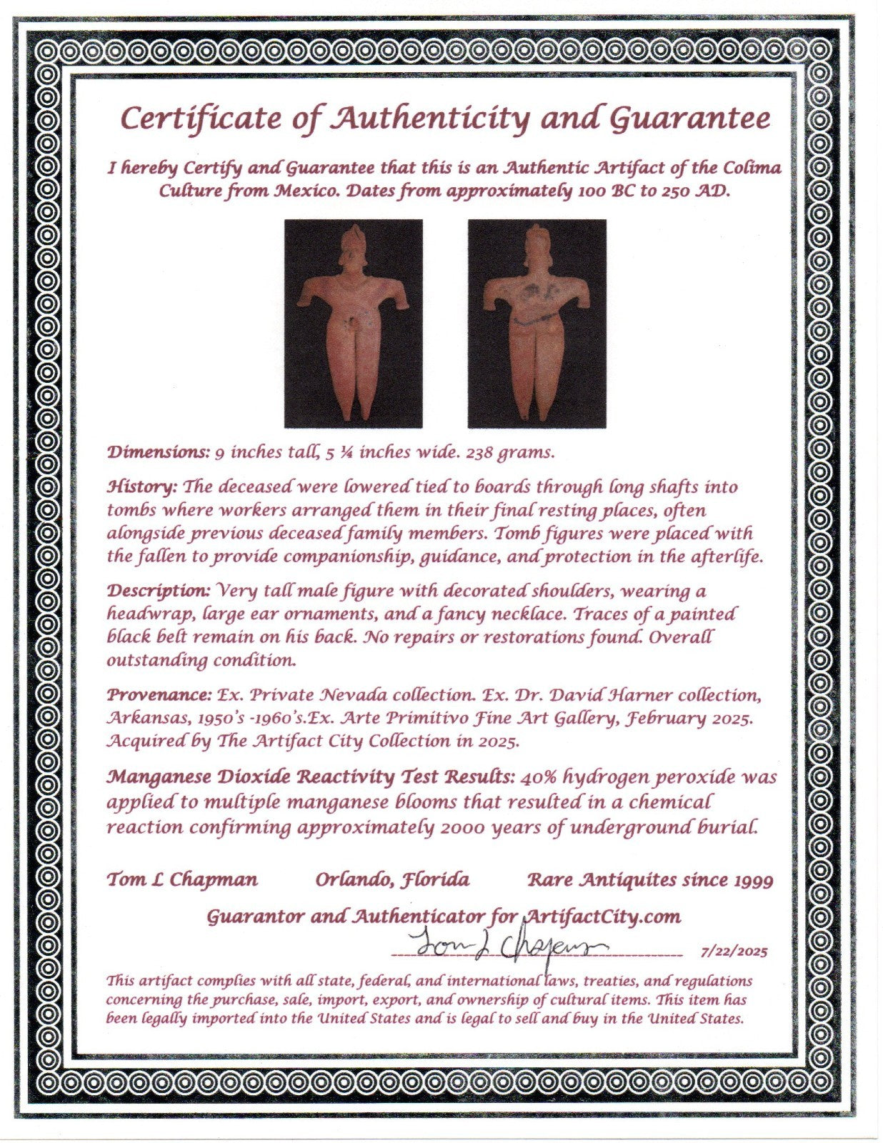 Pre Columbian Artifact Huge 9 Inch Tall Tomb Figure Colima Mexico 100 BC COA 231