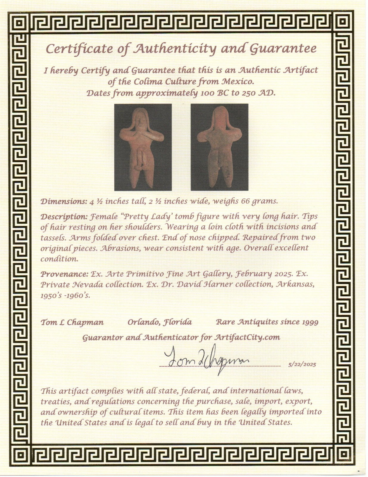 Pre Columbian Authentic Artifact Pretty Lady Tomb Figure Colima Mexico COA 13