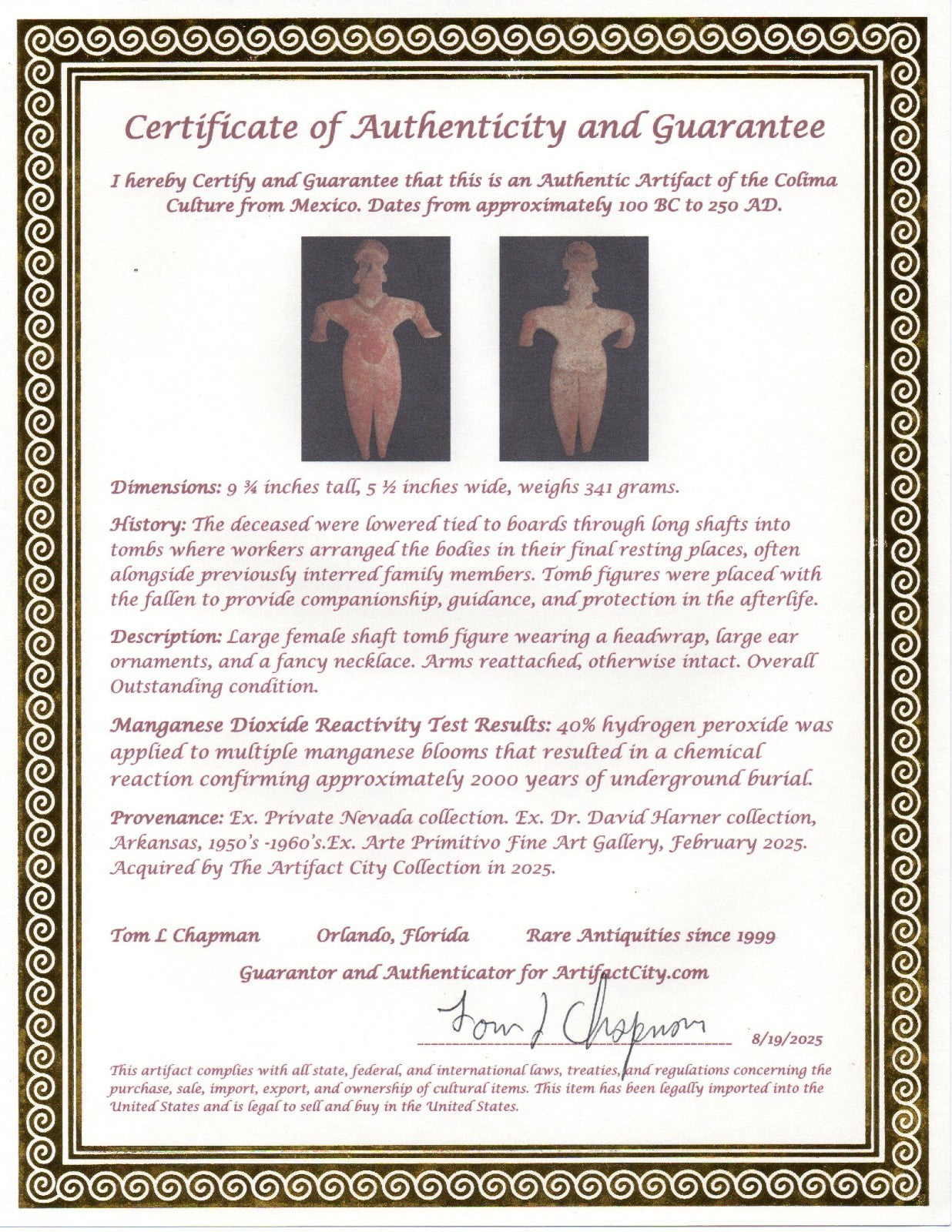 Pre Columbian Artifact 9 in Female Shaft Tomb Figure Colima Mexico 100BC COA 275