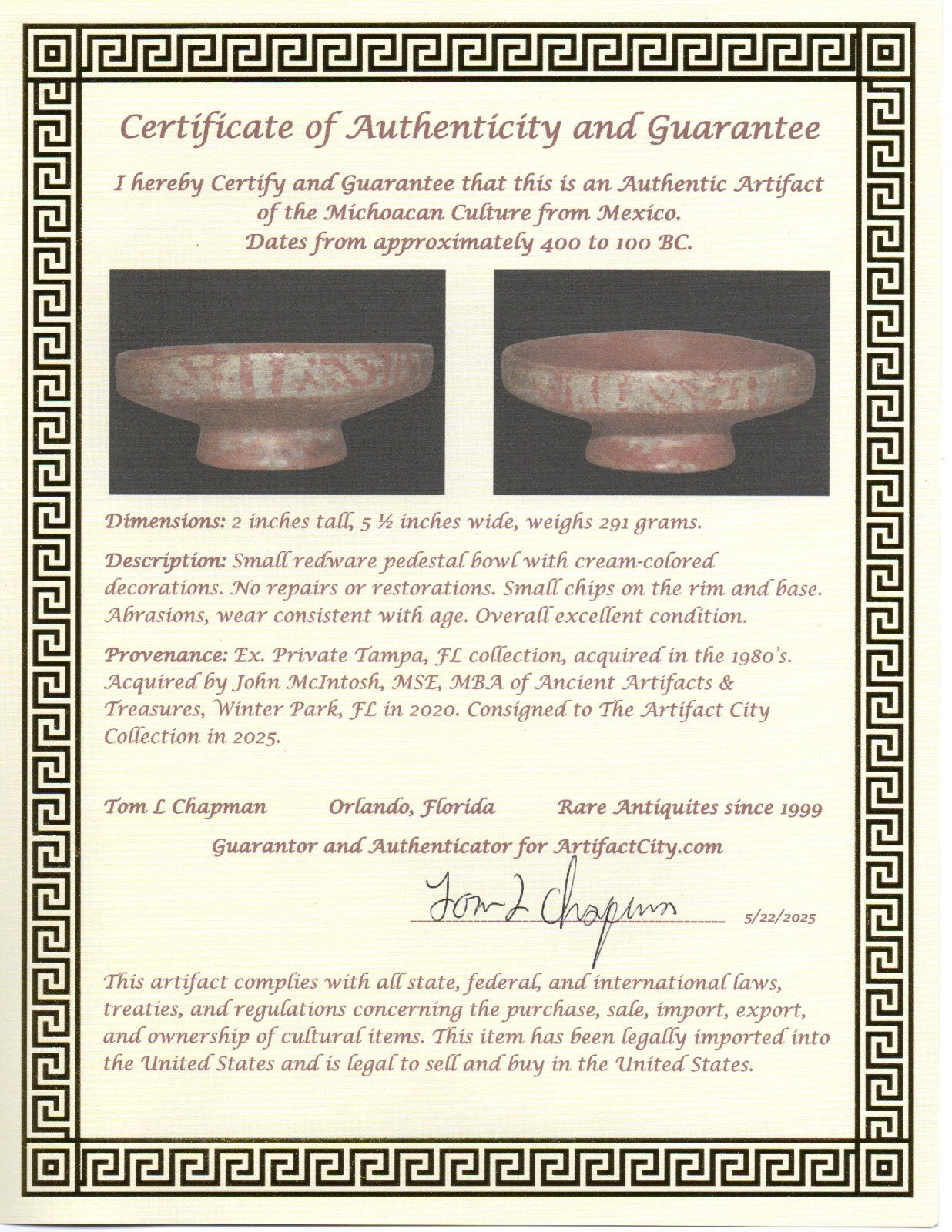 Pre Columbian Authentic Artifact Michoacan Bowl Mexico 400 to 100 BC COA J78