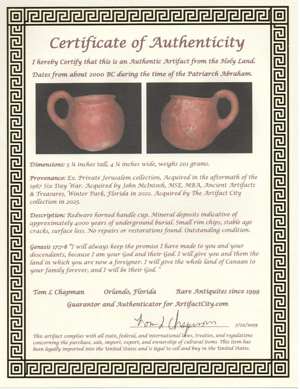 Holy Land Artifact Authentic 4000 Year Old Cup Time of Abraham 2000 BC COA J120