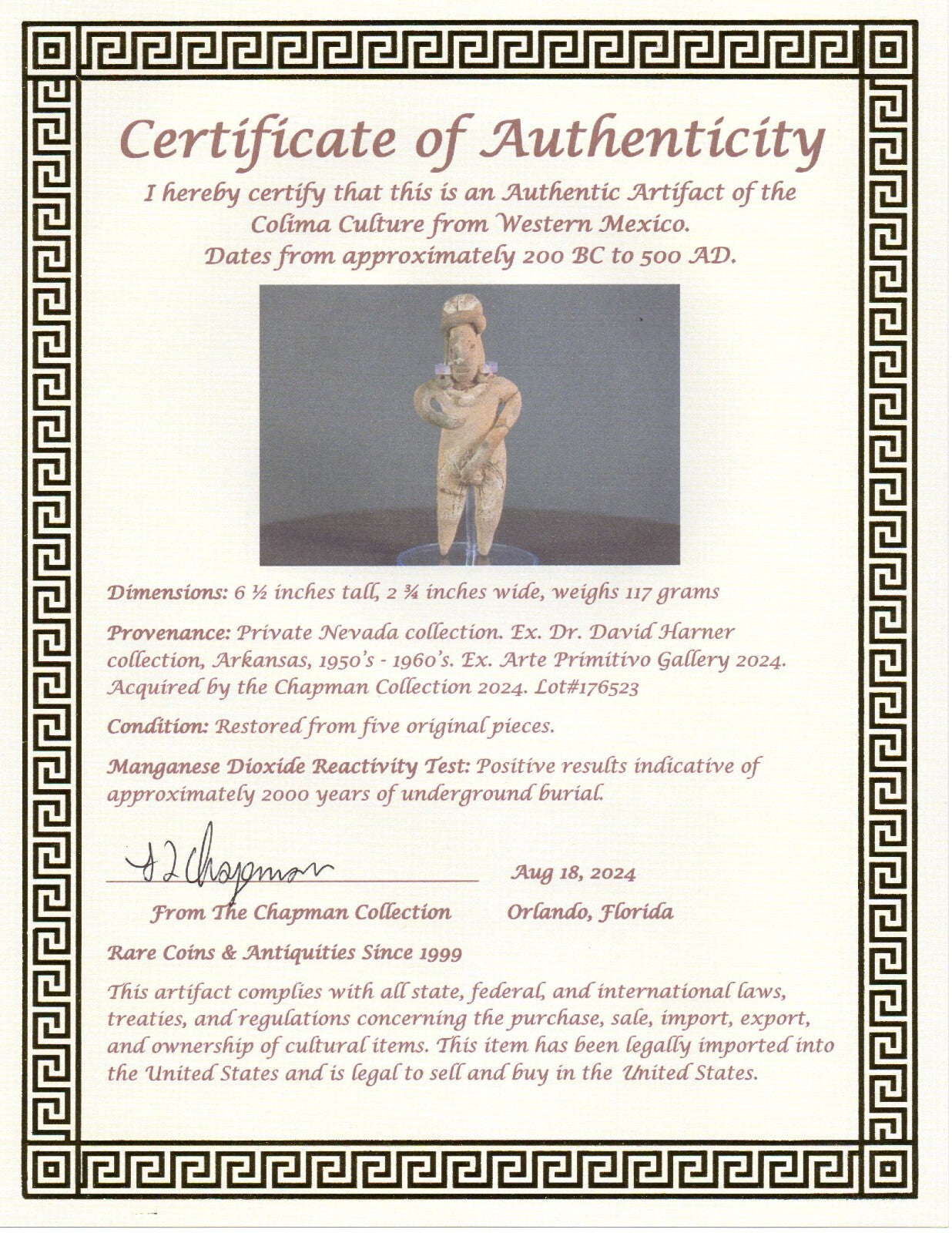 Pre Columbian Artifact Authentic Tomb Figure Colima Ex Arte Primitivo COA T74