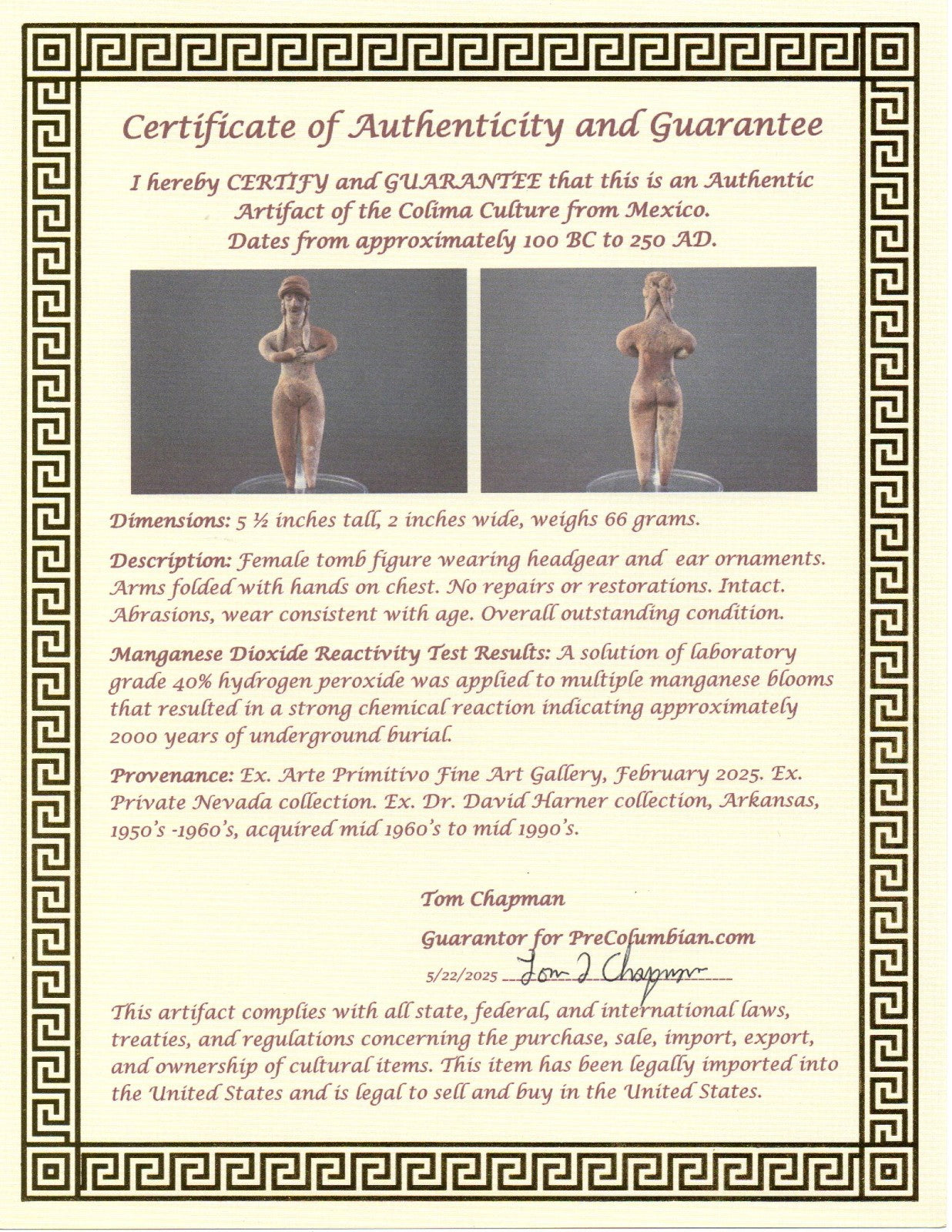 Pre Columbian Artifact Authentic Pretty Lady Tomb Figure Colima Mexico COA 204