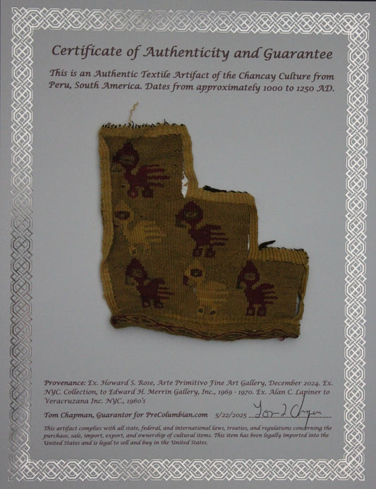 Authentic Pre Columbian Artifact Frameable Textile Border Chancay Peru COA 23