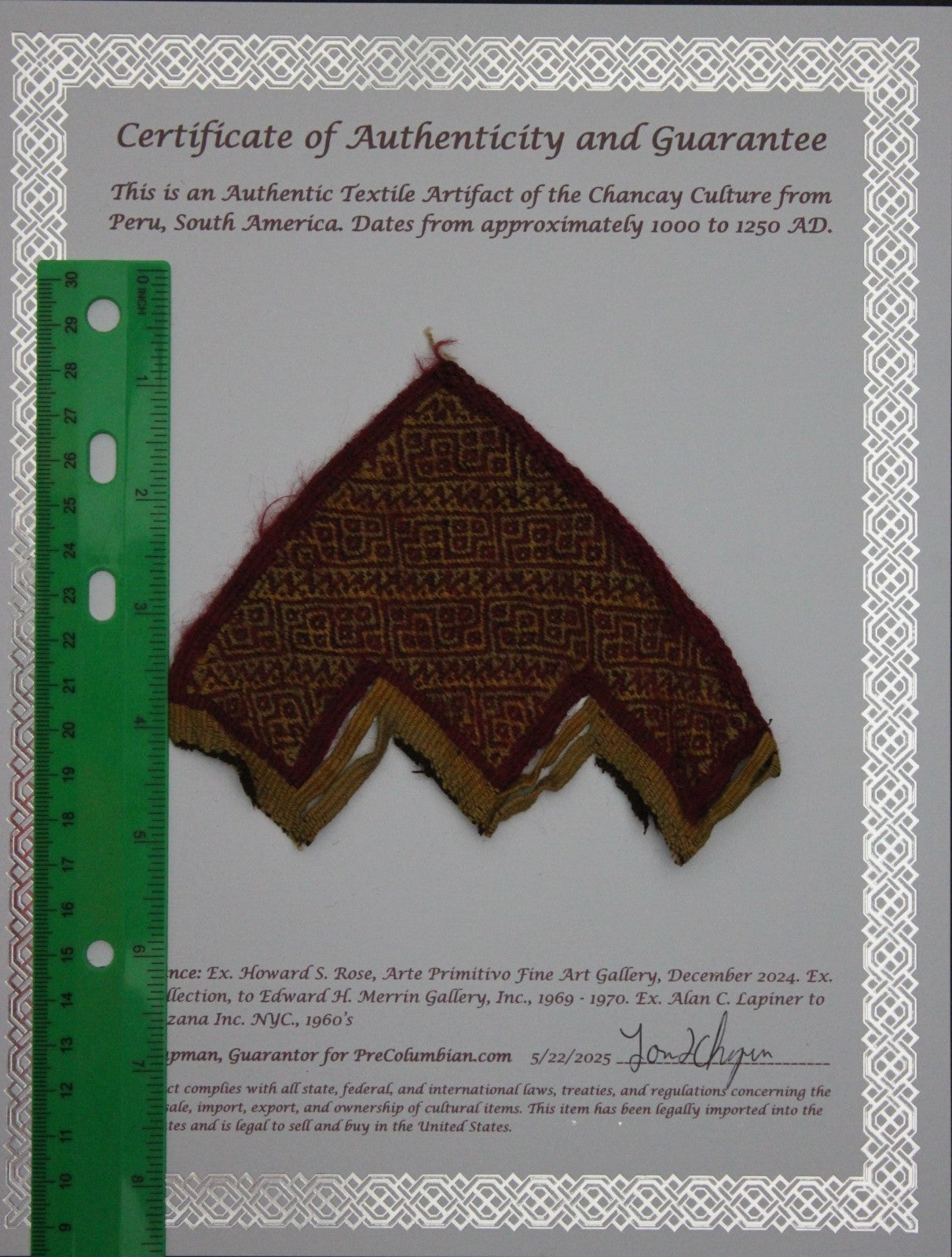 Pre Columbian Artifact Authentic Frameable Textile Border Chancay Peru COA 17