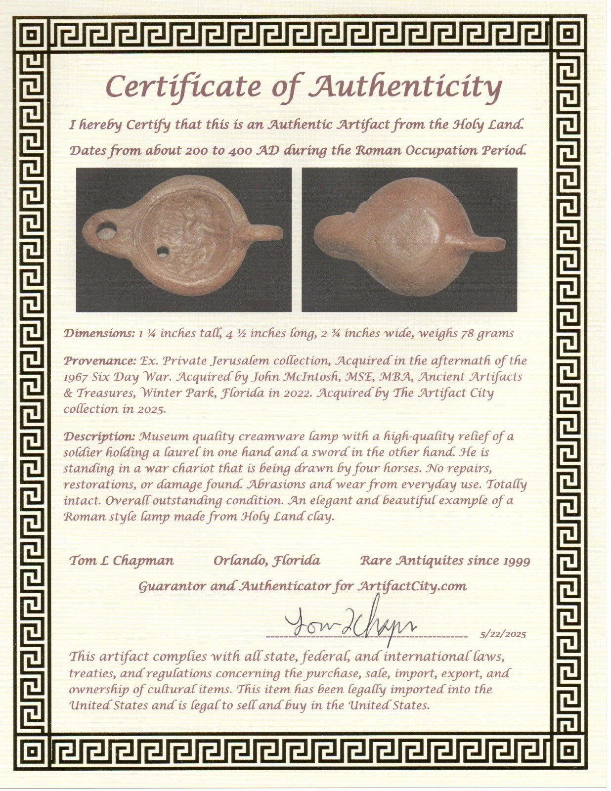 Four Horse War Chariot Oil Lamp Authentic Holy Land Artifact 200-400 AD COA J123