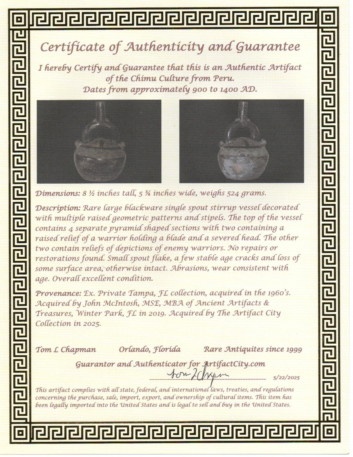 Pre Columbian Artifact Authentic Chimu Warrior Vessel 900-1400 AD Peru COA 222