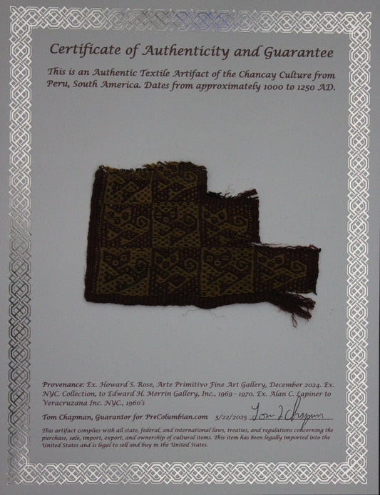 Authentic Pre Columbian Artifact Frameable Textile Border Chancay Peru COA 22