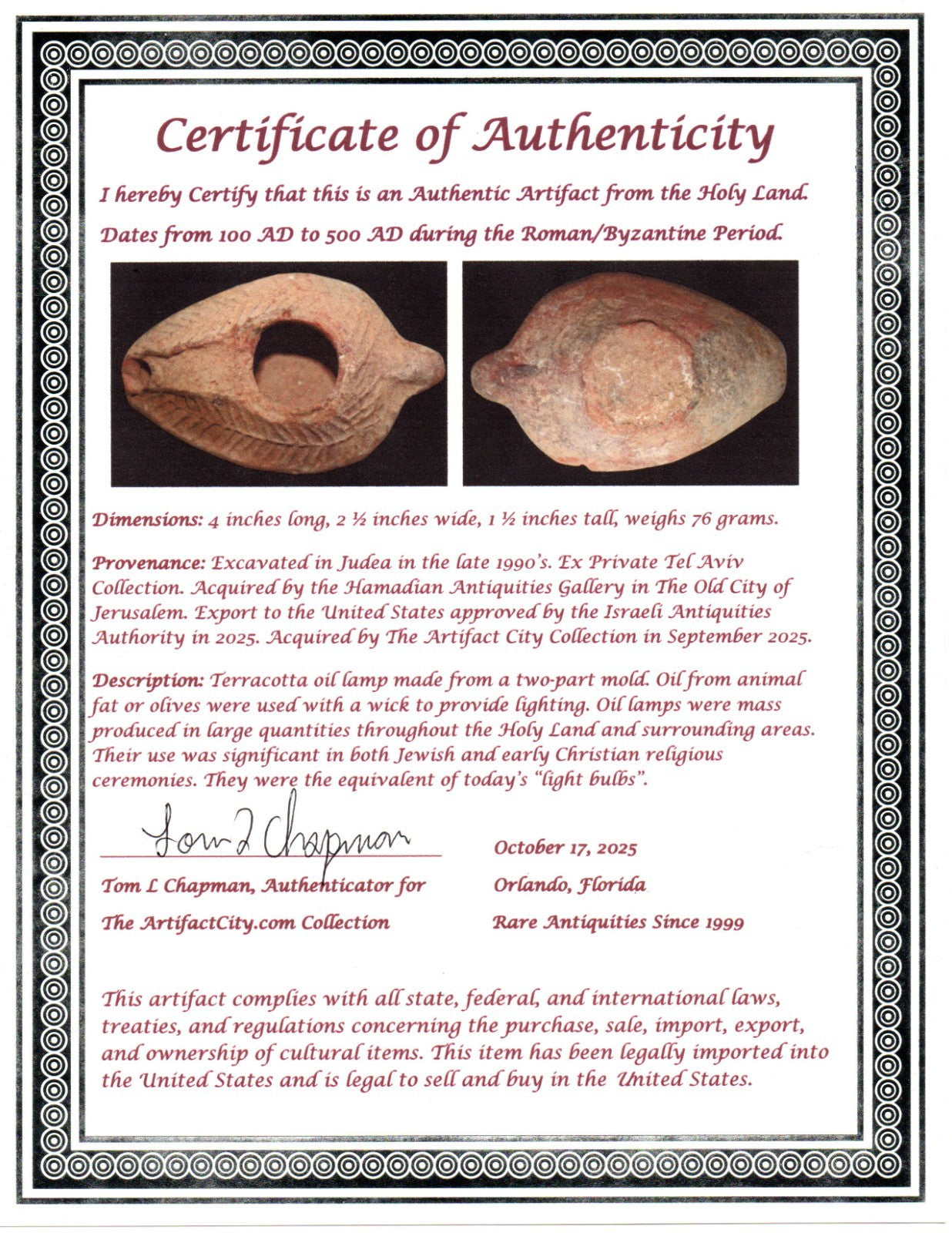 Ancient Holy Land Oil Lamp Artifact From Jesus Christ Home Land 100-500AD COA 54