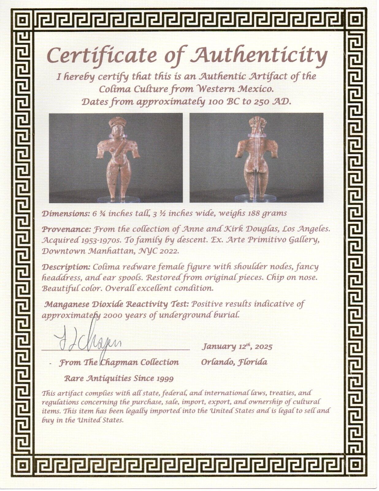 Ex Actor Kirk Douglas Authentic Pre Columbian Artifact Girl Tomb Figure COA T121