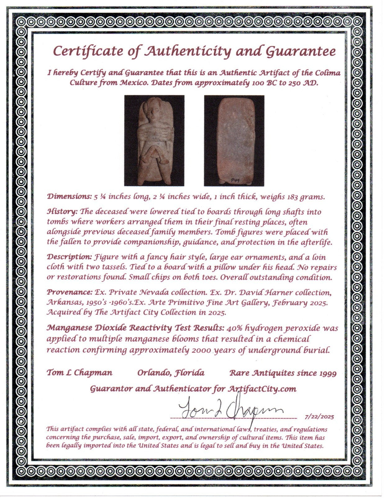 Pre Columbian Artifact Authentic Tomb Burial Figure Colima Mexico 100 BC COA 230