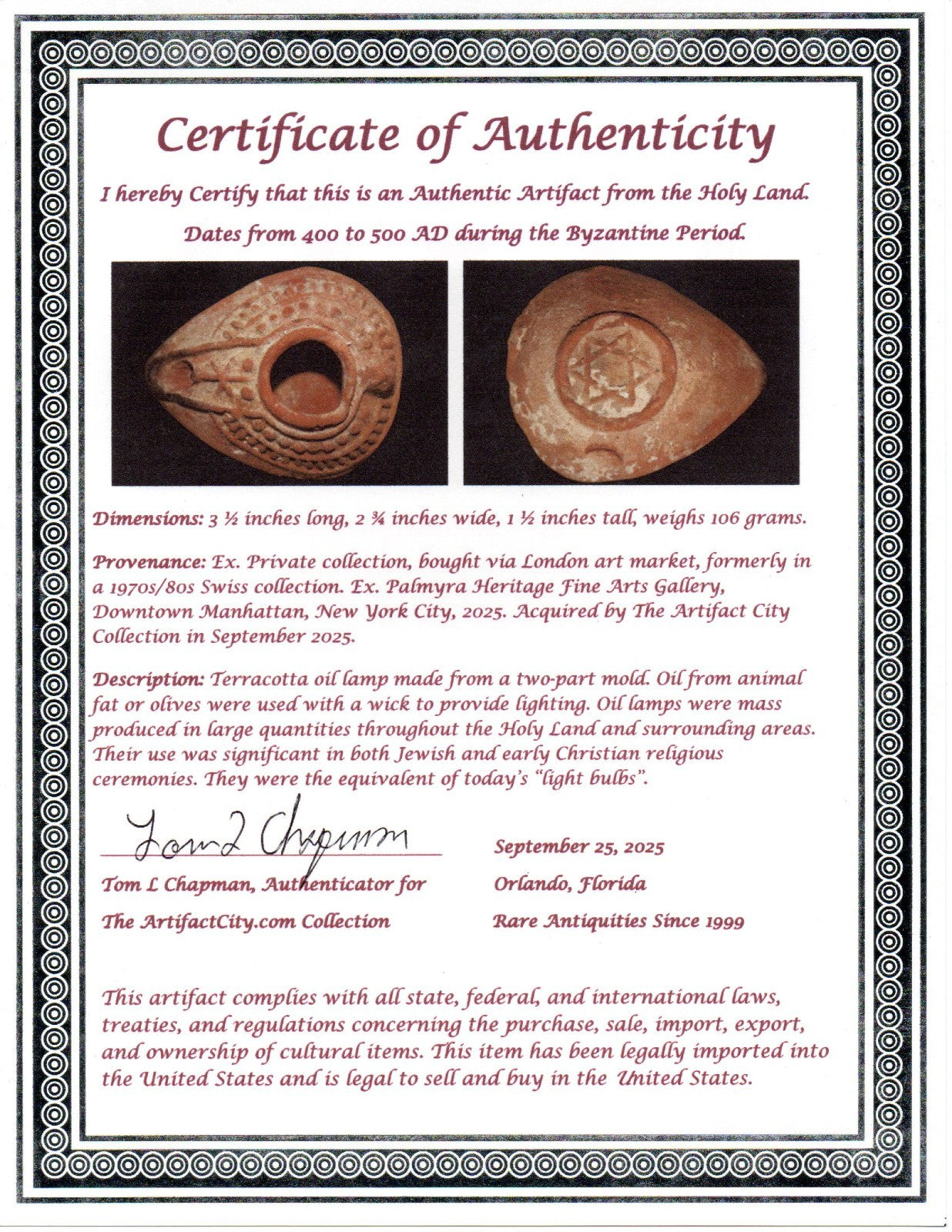 Hi Quality Ancient Holy Land Oil Lamp Artifact Jesus Christ Home 400-500AD COA31