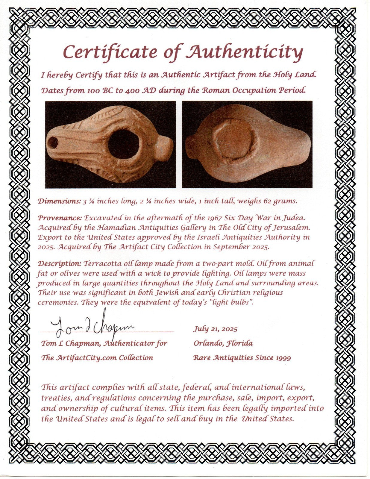 Ancient Holy Land Oil Lamp Artifact Jesus Christ Homeland 100BC-400AD COA 22