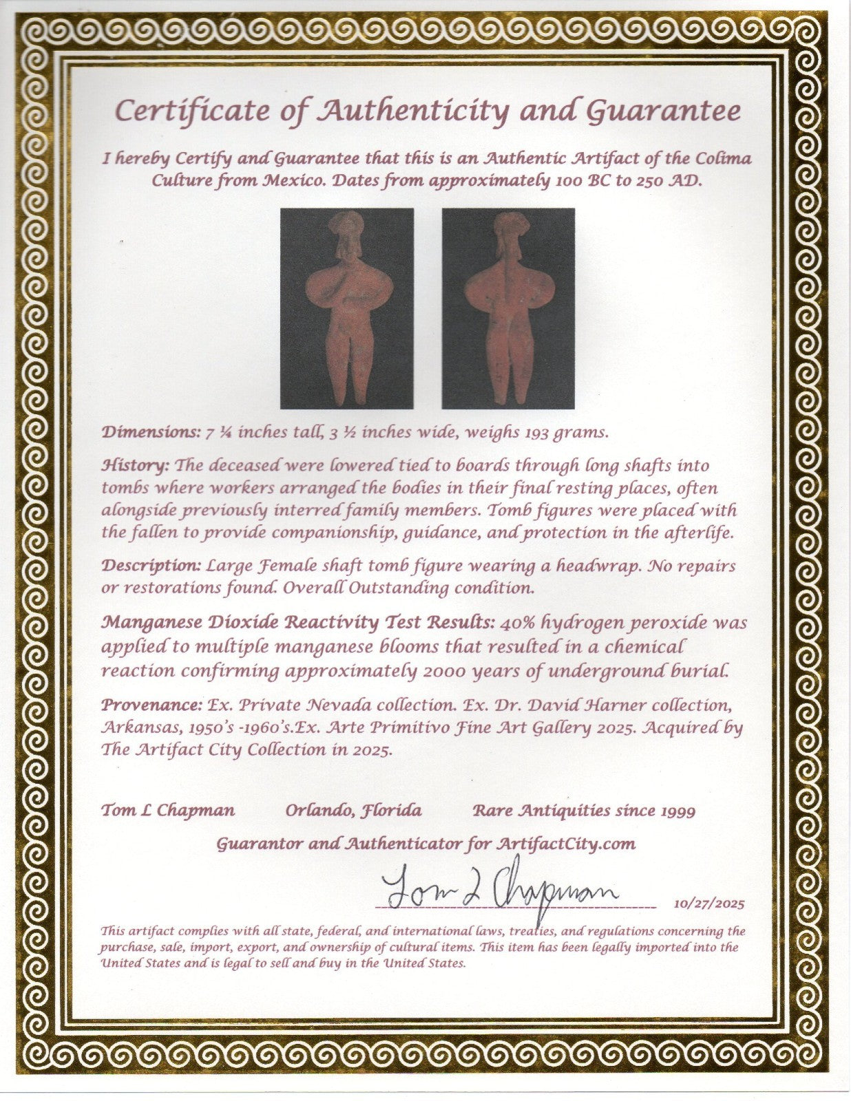 Pre Columbian Artifact 7 Inch Tall Shaft Tomb Figure Colima Mexico 100BC COA 282