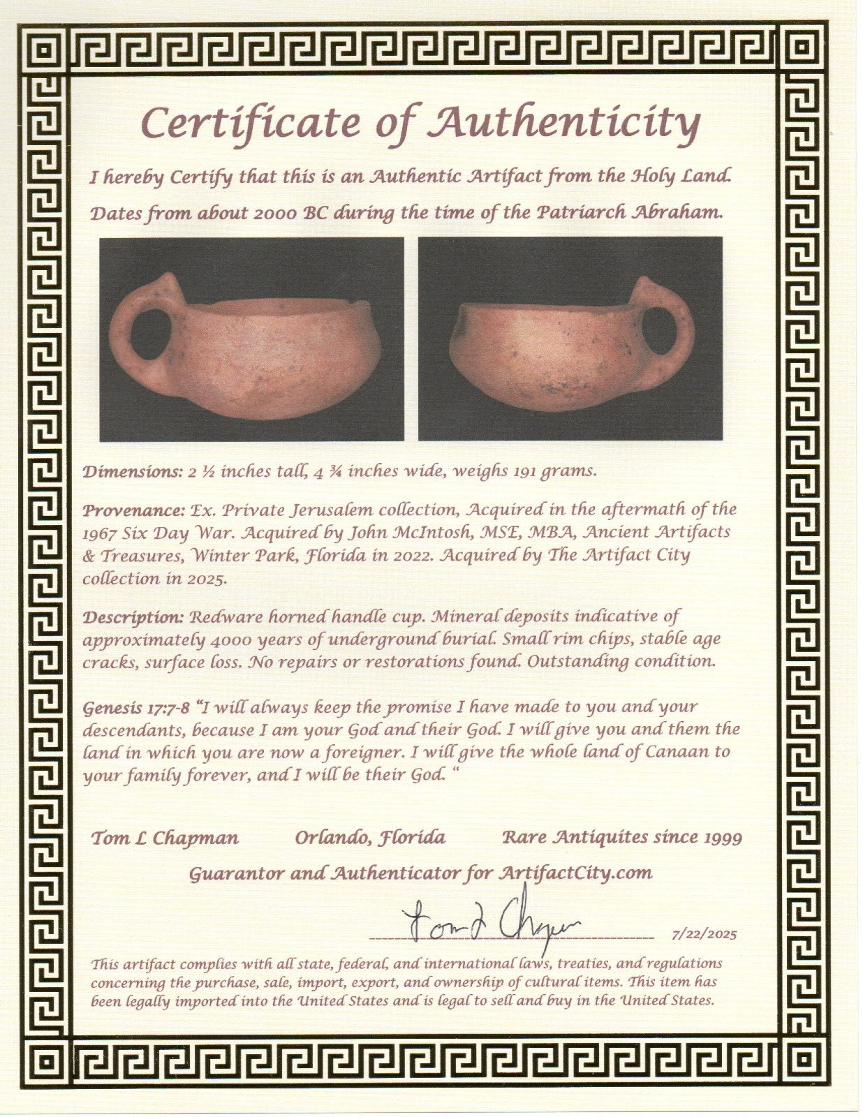 Holy Land Artifact Authentic 4000 Year Old Cup Time of Abraham 2000 BC COA J116