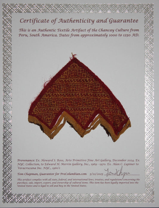 Authentic Pre Columbian Artifact Frameable Textile Border Chancay Peru COA 17