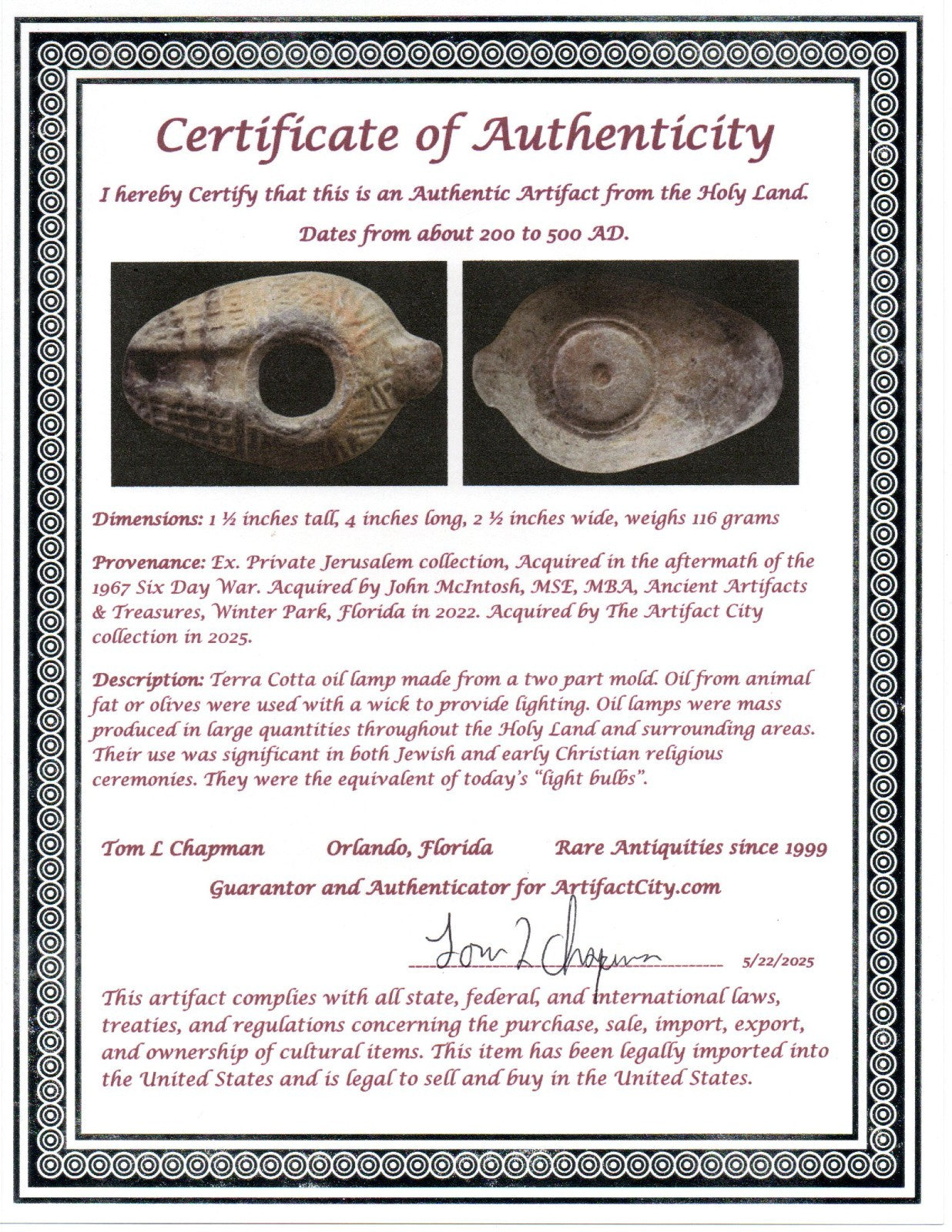 Ancient Holy Land Big Oil Lamp Artifact Home of Jesus Christ 200-500 AD COA J152