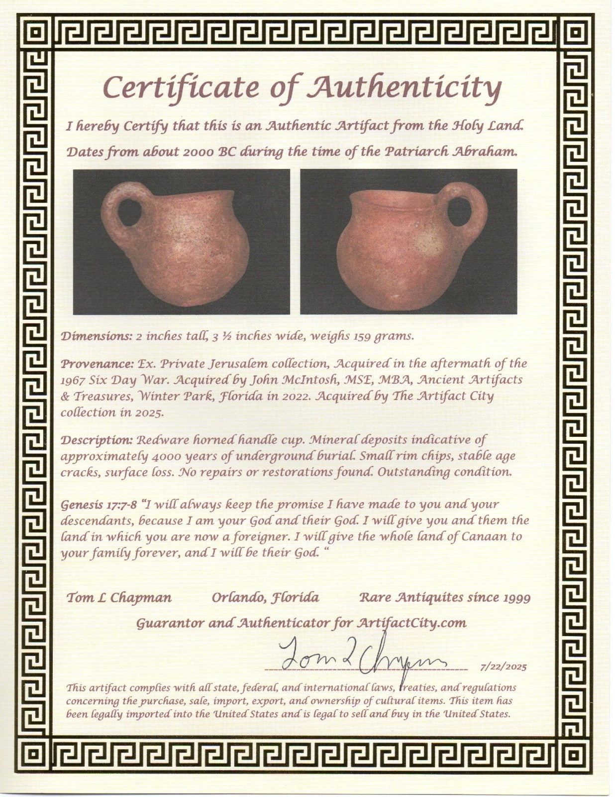 Holy Land Artifact Authentic 4000 Year Old Cup Time of Abraham 2000 BC COA J119