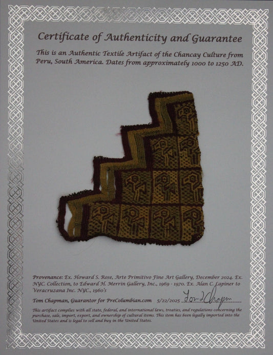 Authentic Pre Columbian Artifact Frameable Textile Border Chancay Peru COA 25