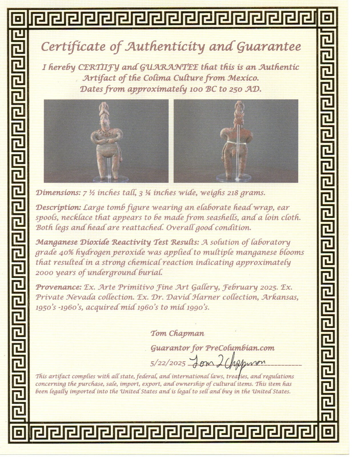 Pre Columbian Authentic Artifact Tomb Figure Colima Mexico 100 BC-250 AD COA 161