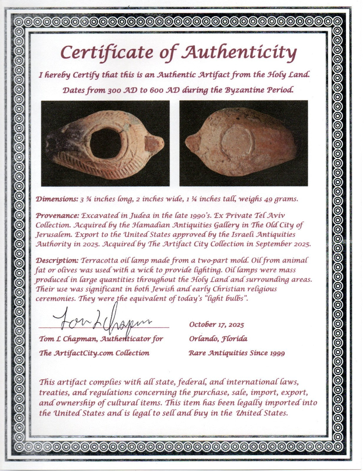 Ancient Holy Land Oil Lamp Artifact Jesus Christ Home Israel 300-600 AD COA 89