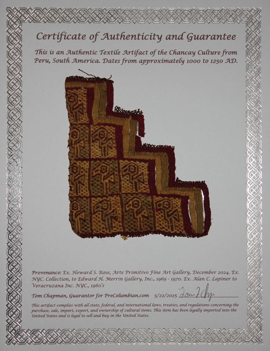 Authentic Pre Columbian Artifact Frameable Textile Border Chancay Peru COA 13