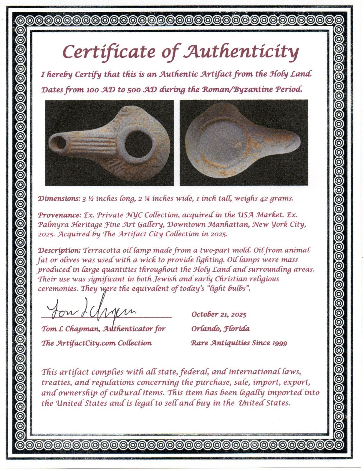 Ancient Holy Land Oil Lamp Artifact From Jesus Christ Home Land 100-500AD COA 68