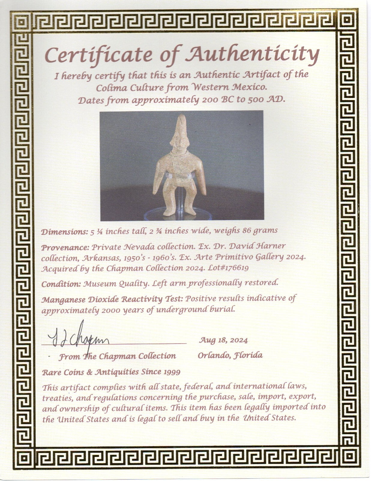 Pre Columbian Artifact Authentic Archaic Tomb Figure Colima Mexico COA T90