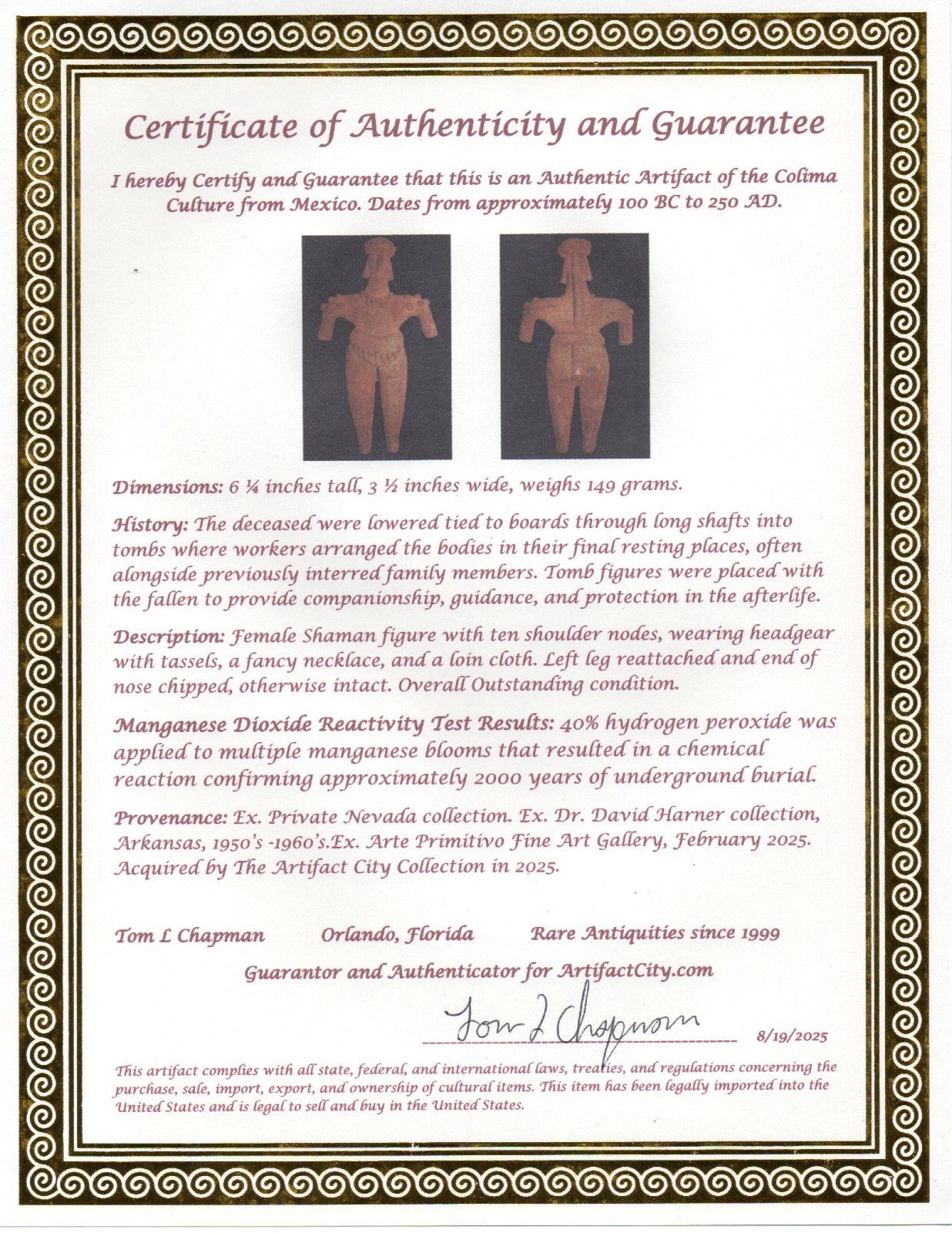 Pre Columbian Artifact 6in Female Shaman Tomb Figure Colima Mexico 100BC COA 266