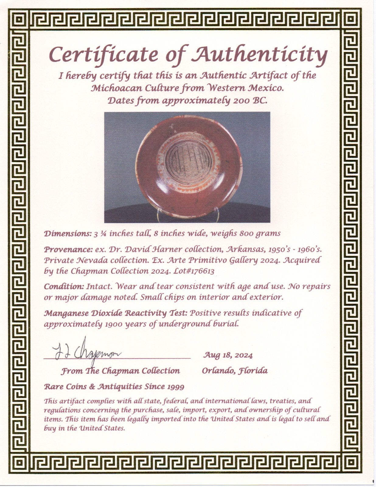 Pre Columbian Artifact Authentic Tripod Bowl Michoacan Ex Arte Primitivo COA T35