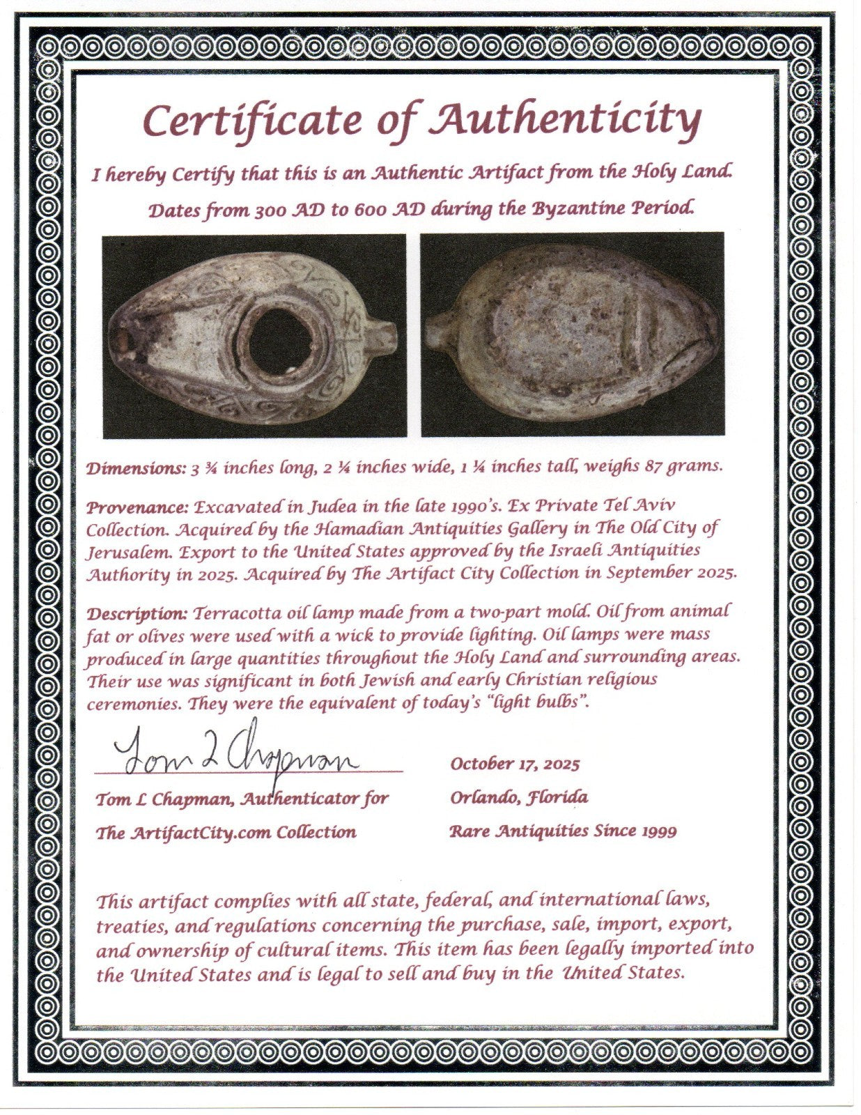 Ancient Holy Land Oil Lamp Artifact Jesus Christ Home Israel 300-600 AD COA 71