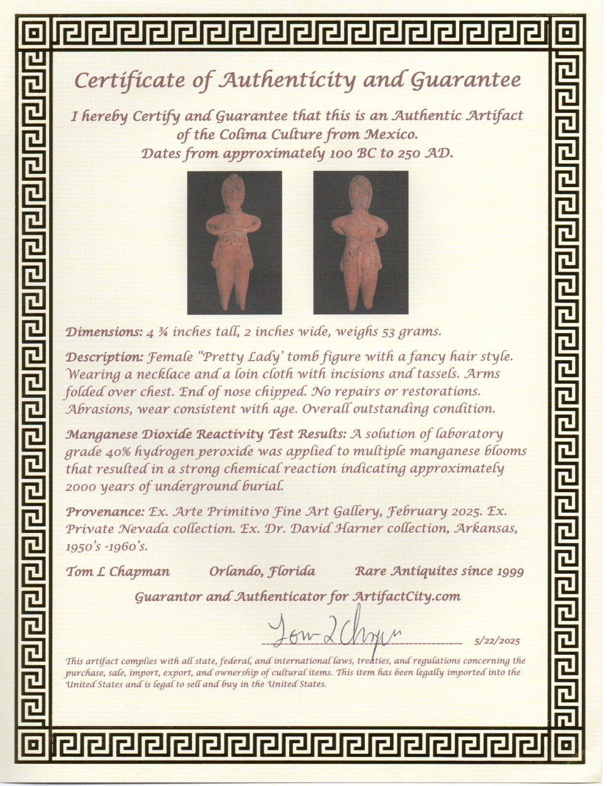 Pre Columbian Authentic Artifact Pretty Lady Tomb Figure Colima Mexico COA 17