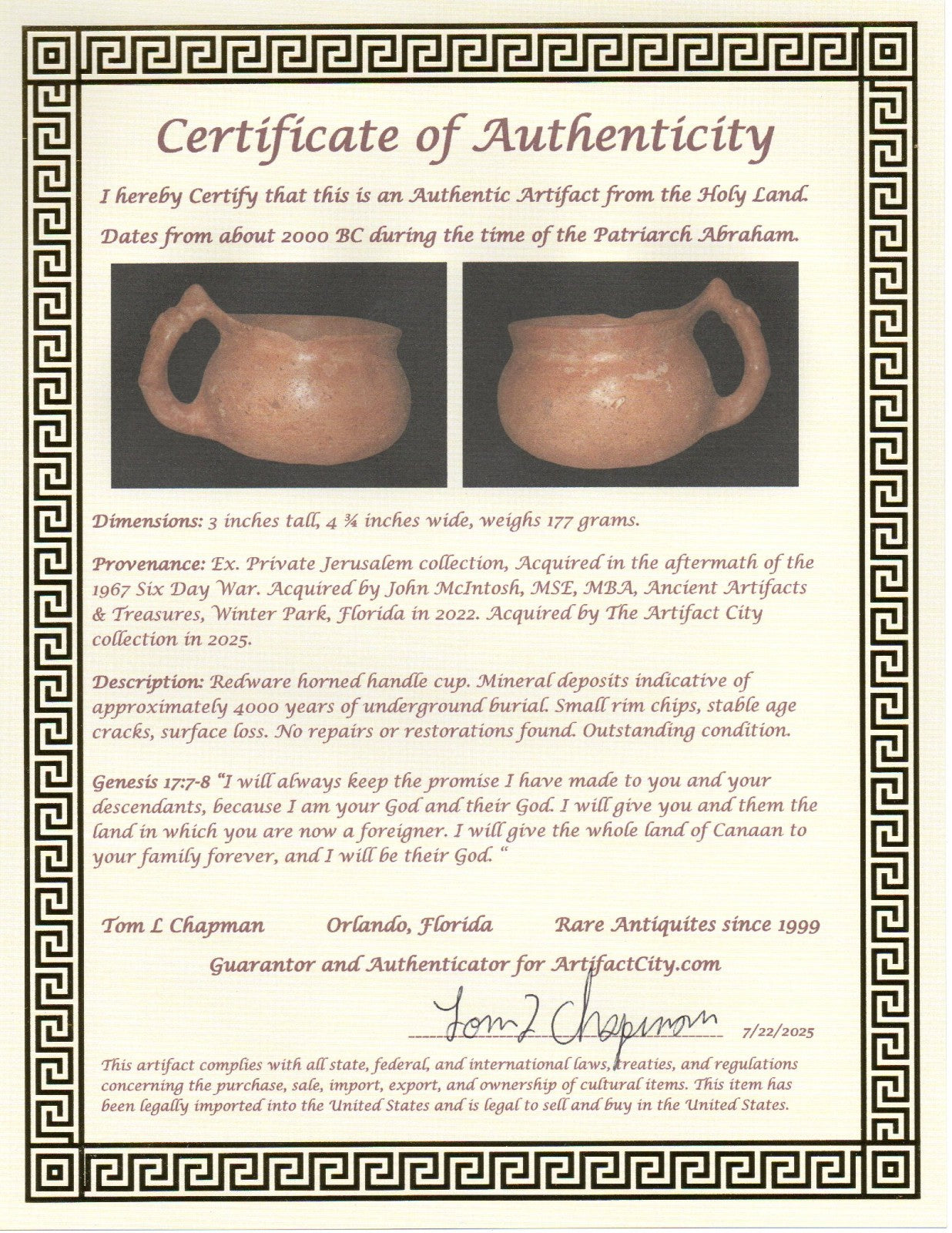Holy Land Authentic Artifact 4000 Year Old Cup Time of Abraham 2000 BC COA J117