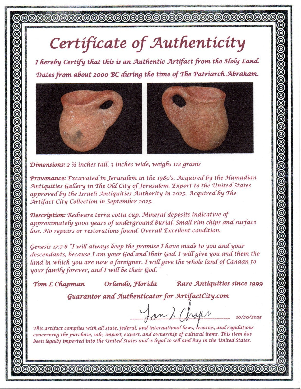 Ancient Holy Land Artifact Time Of Abraham Cup Jesus Christ Home 2000 BC COA 22