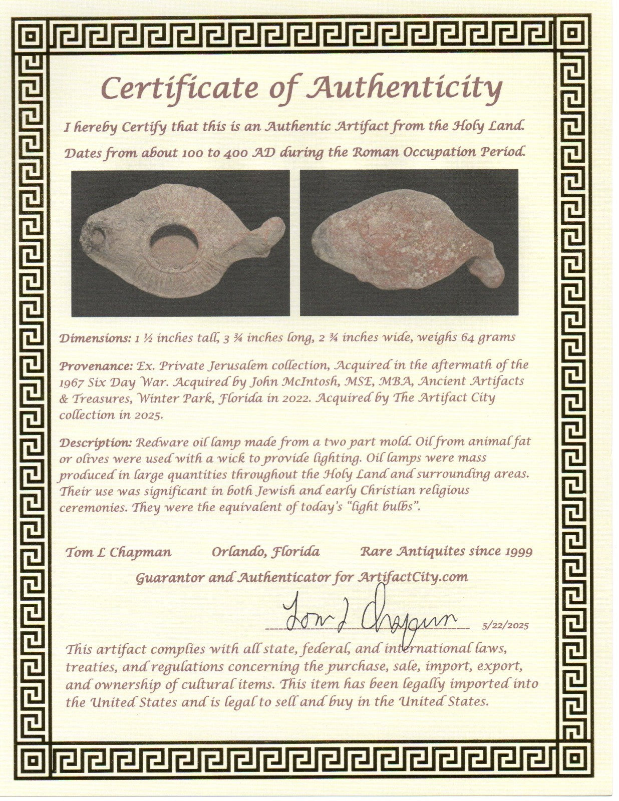 Ancient Holy Land Oil Lamp Artifact Hesus Christ Homeland 100-400 AD COA J108