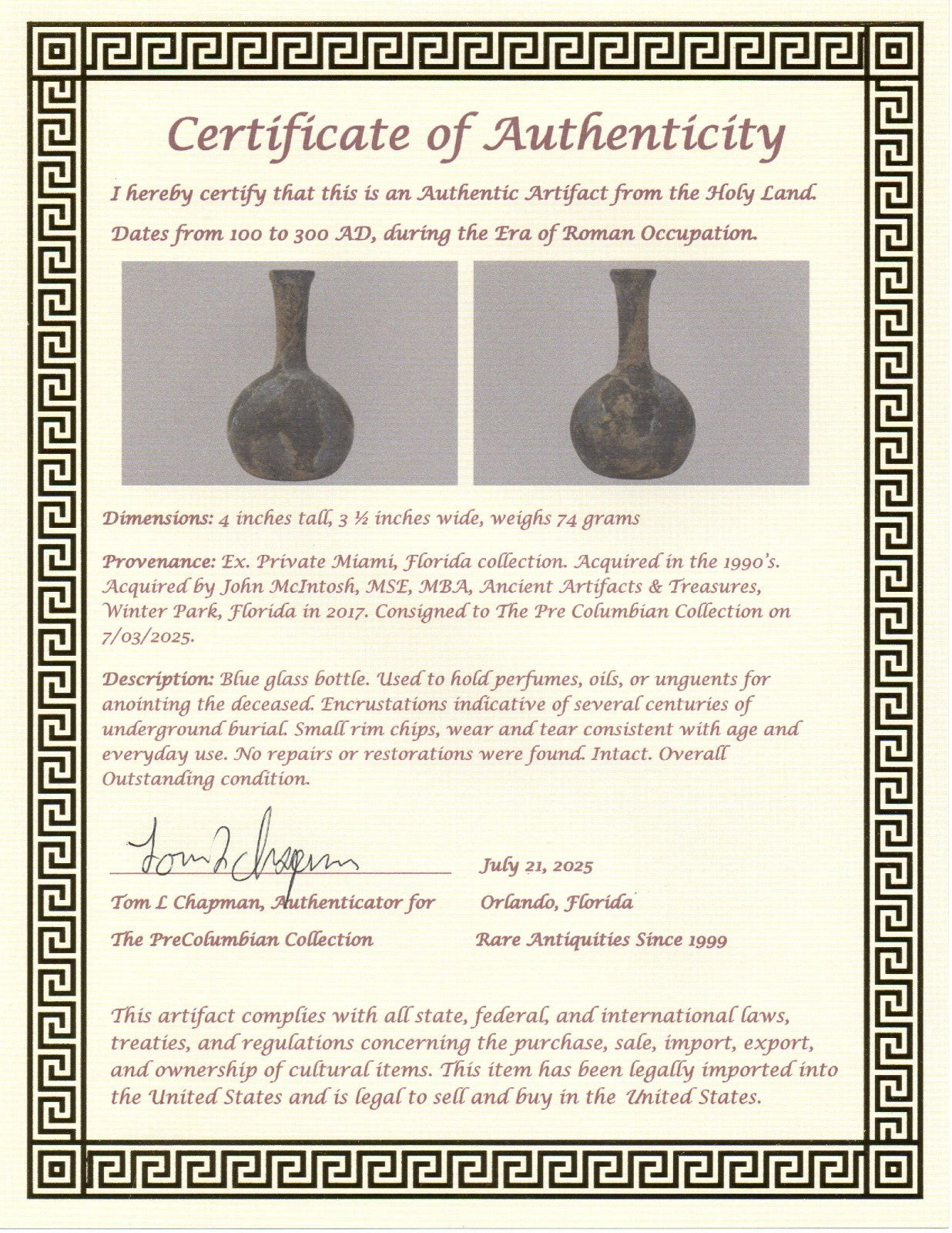 Ancient Holy Land Glass Bottle Authentic Artifact 100-300 AD Roman Era COA J21