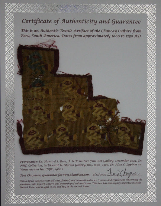 Authentic Pre Columbian Artifact Frameable Textile Border Chancay Peru COA 34