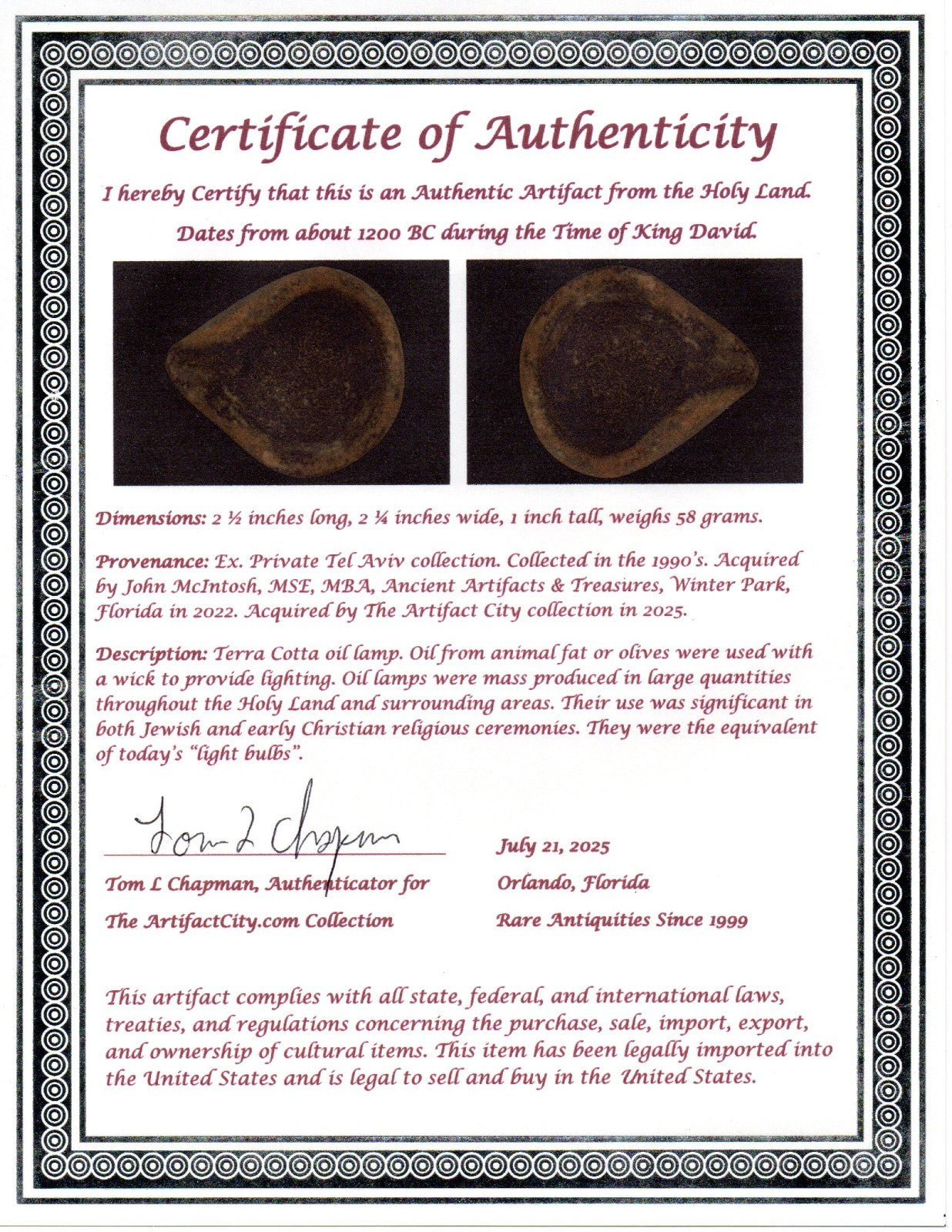 Minature Ancient Holy Land Oil Lamp Artifact Time of King David 1200 BC COA 47