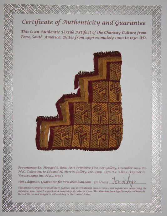 Pre Columbian Artifact Authentict Frameable Textile Border Chancay Peru COA 12