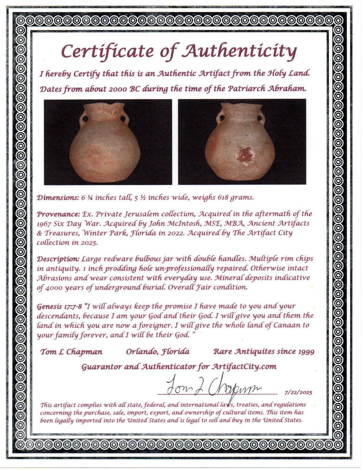 Holy Land Artifact Authentic 4000 Year Old Jar Time of Abraham 2000 BC COA J141