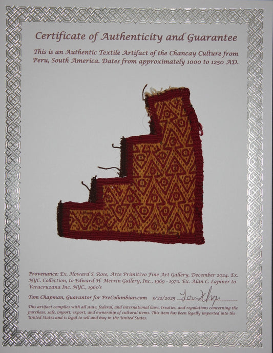 Authentic Pre Columbian Artifact Frameable Textile Border Chancay Peru COA 20