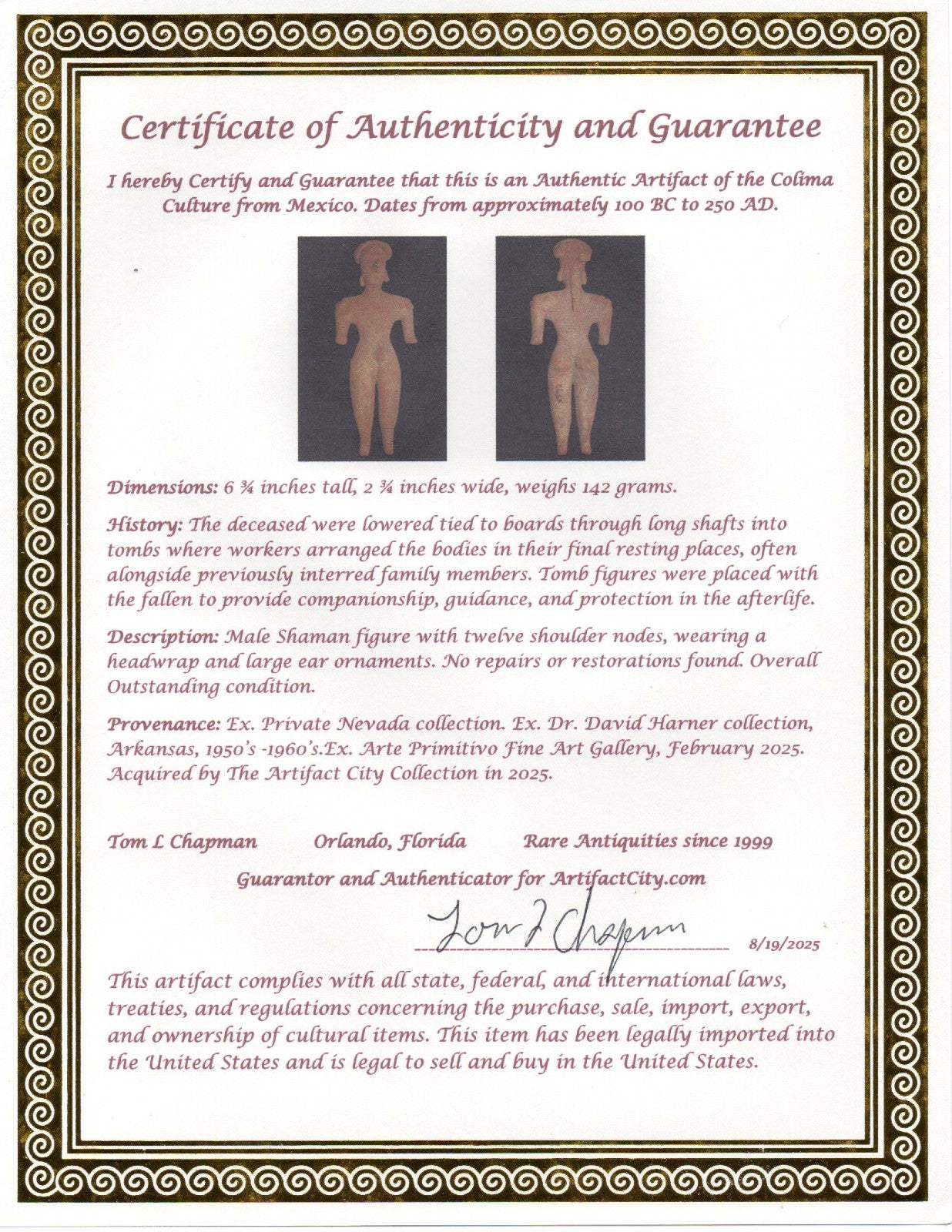 Pre Columbian Artifact 6 in Male Shaman Tomb Figure Colima Mexico 100BC COA 268