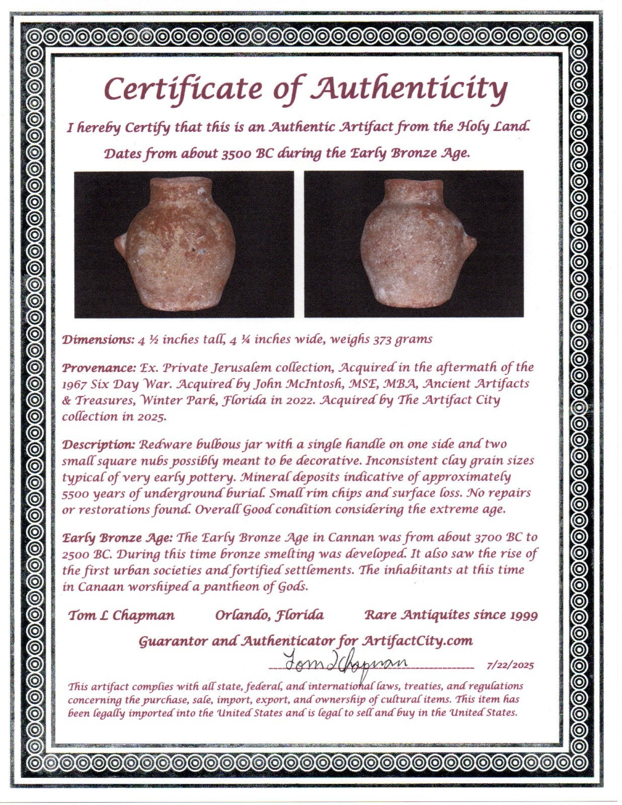 Holy Land Artifact Authentic 5500 Year Old Jar Early Bronze Age 3500 BC COA J142