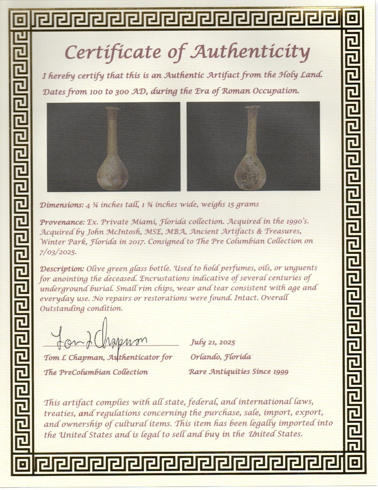 Ancient Holy Land Glass Bottle Authentic Artifact 100-300 AD Roman Era COA J20