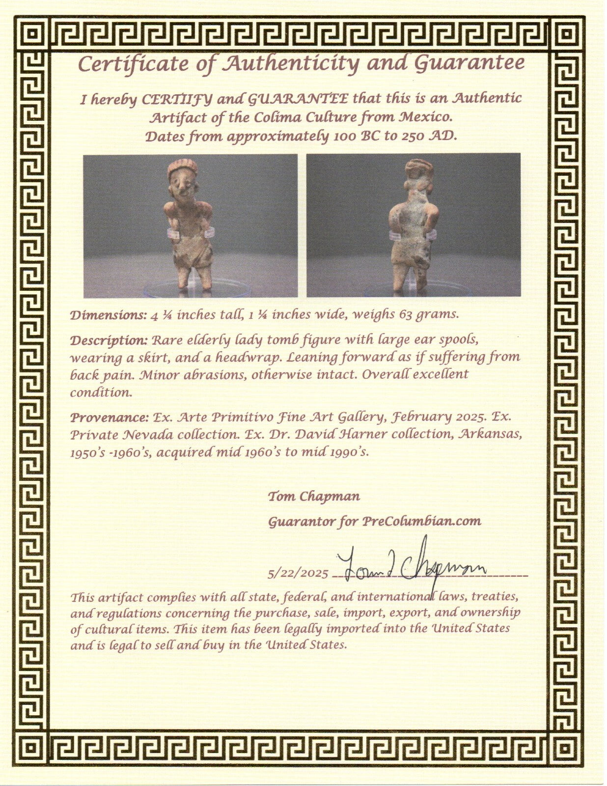 Pre Columbian Artifact Authentic Rare Grandma Tomb Figure Colima Mexico COA 149