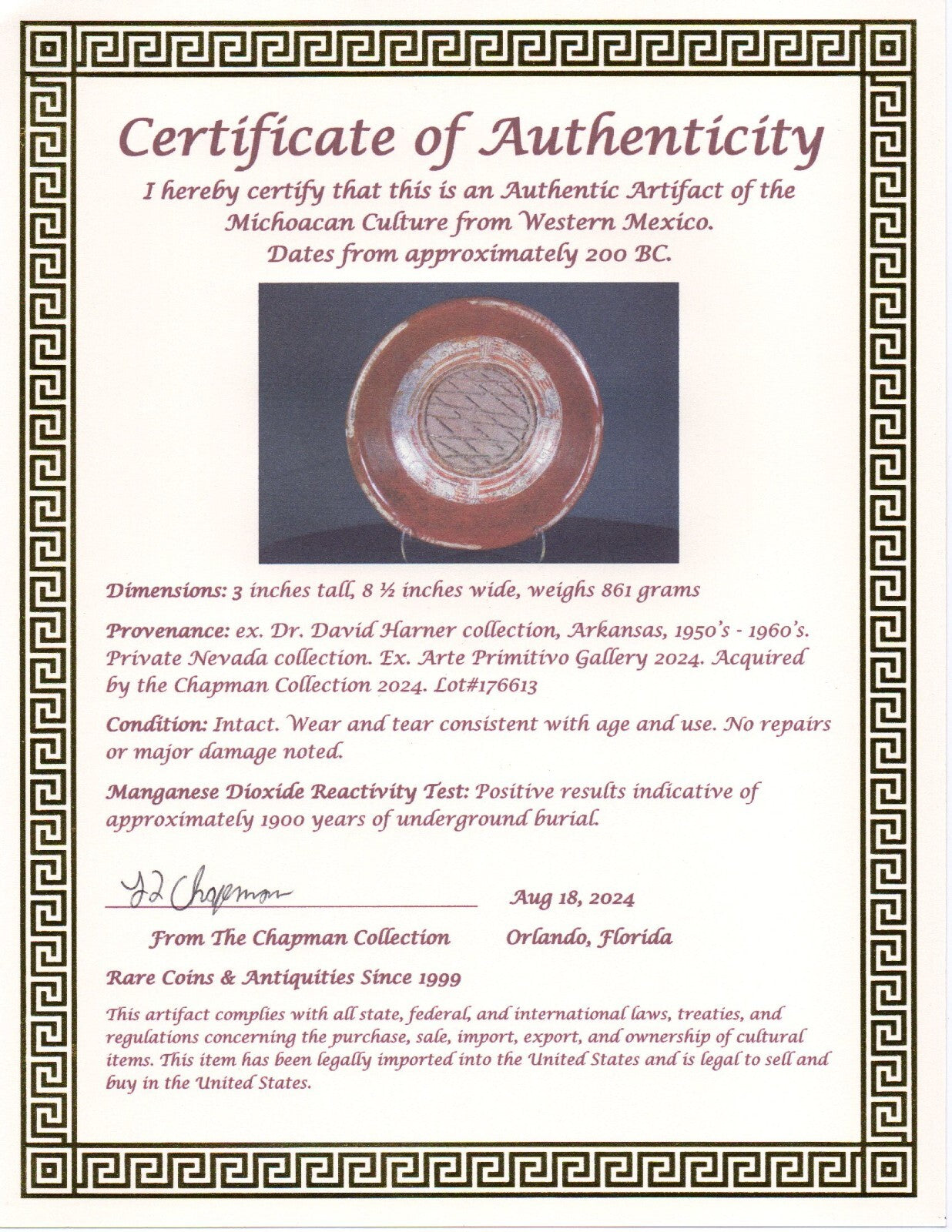 Pre Columbian Artifact Authentic Tripod Bowl Michoacan Ex Arte Primitivo COA T34