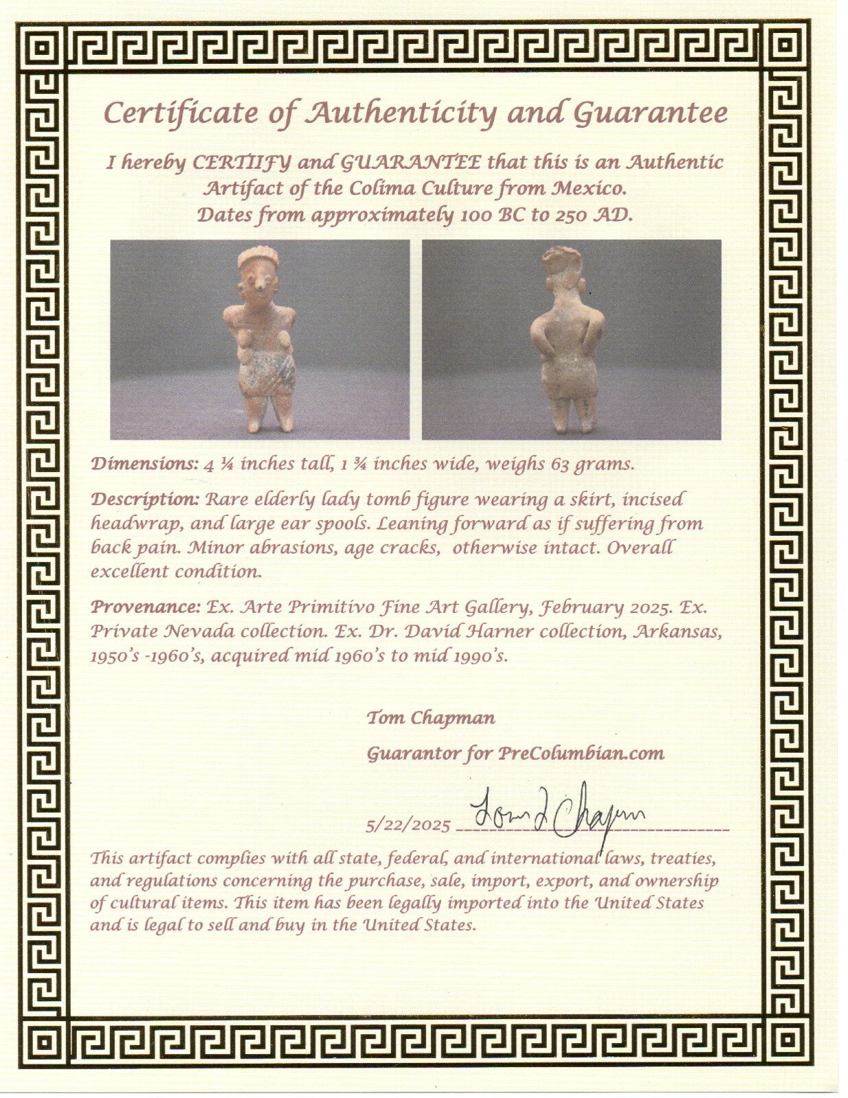 Pre Columbian Artifact Authentic Rare Grandma Tomb Figure Colima Mexico COA 153