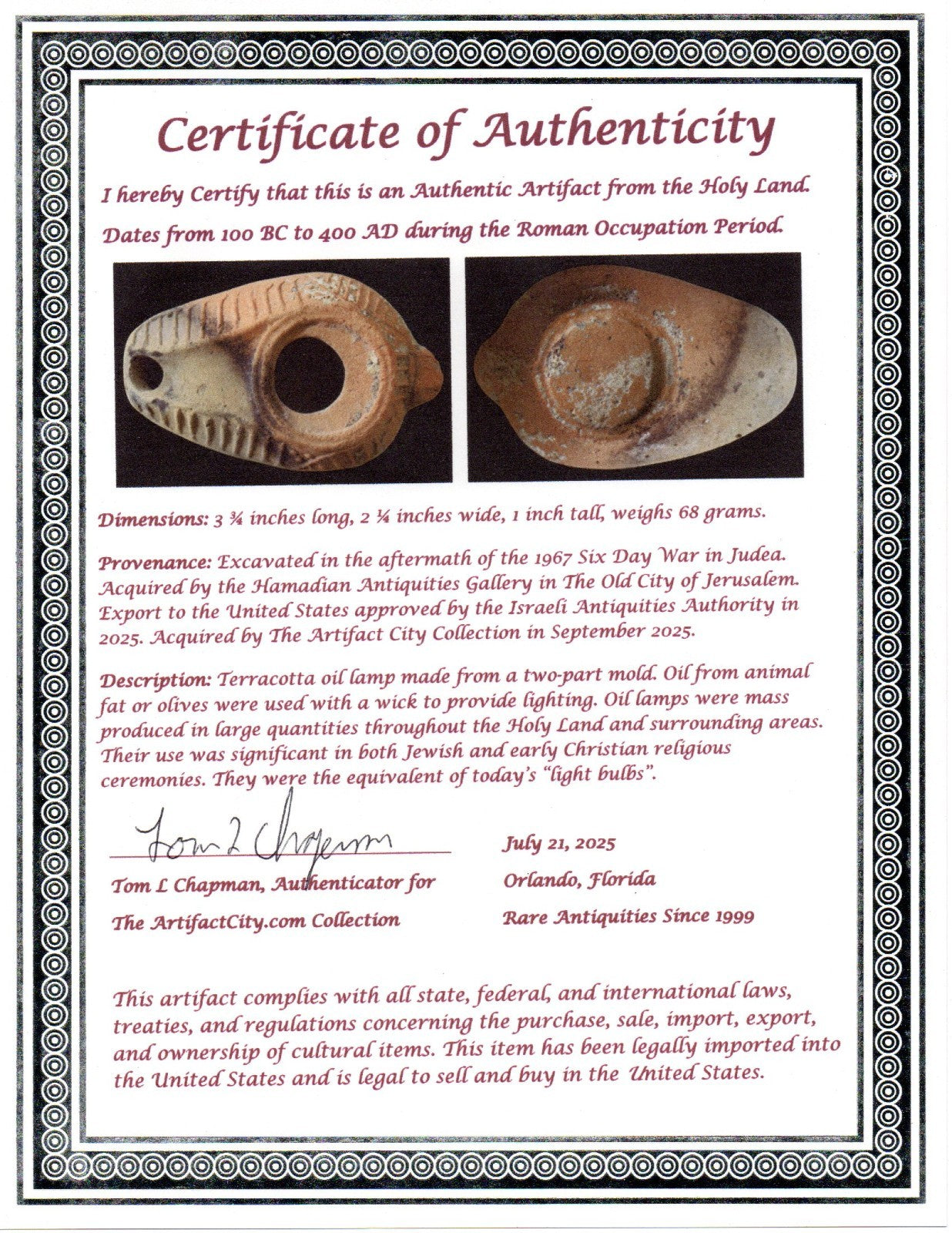 Ancient Holy Land Oil Lamp Artifact Jesus Christ Homeland 100BC-400AD COA 15