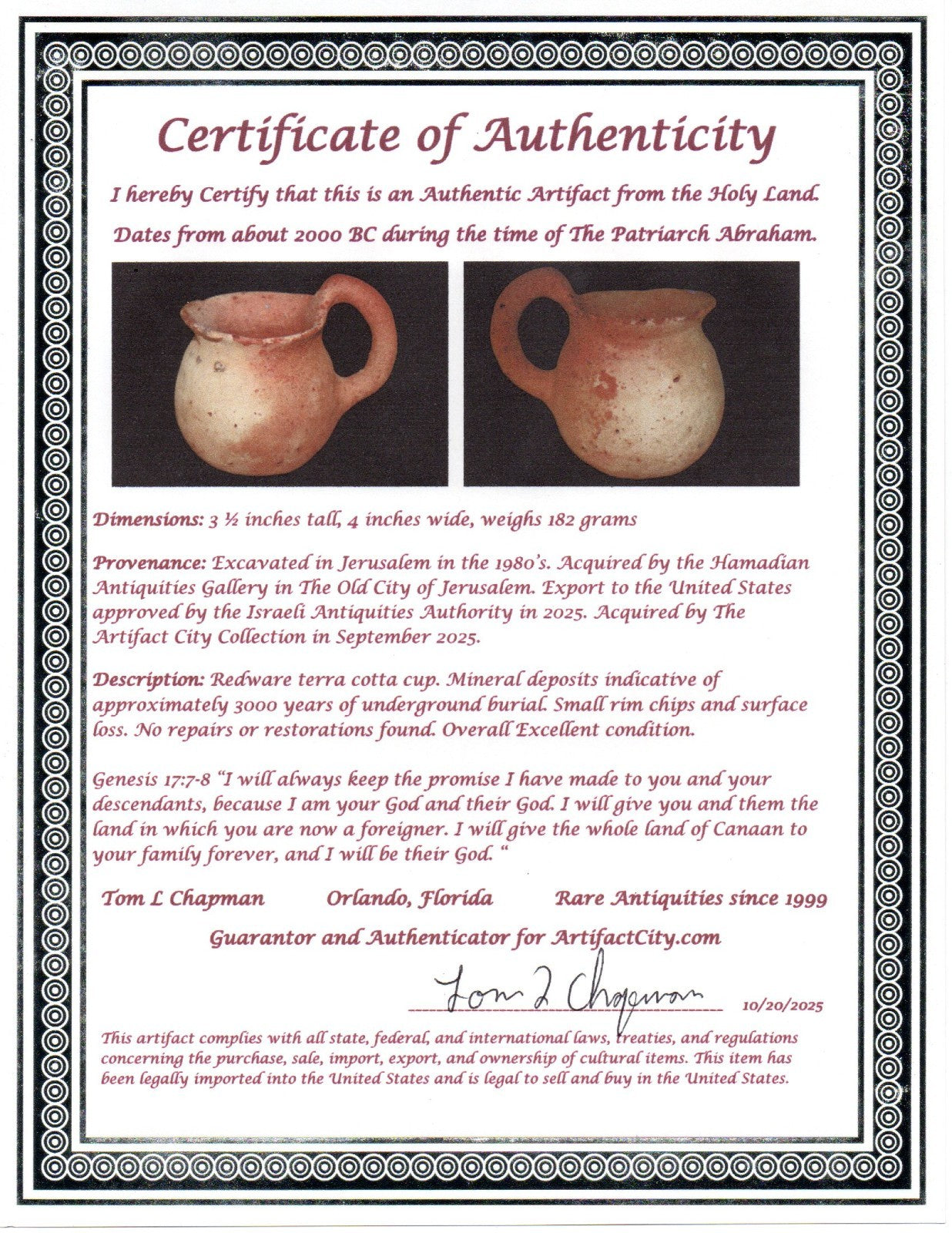 Ancient Holy Land Artifact Time Of Abraham Cup Jesus Christ Home 2000 BC COA 25